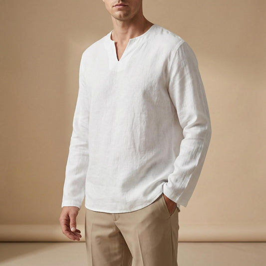 Mens Cotton Linen V-Neck Shirt | Lightweight Pullover Top