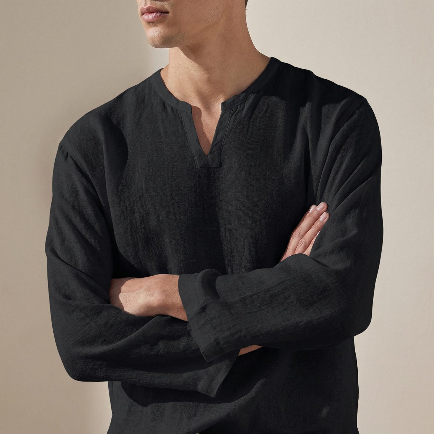 Mens Cotton Linen V-Neck Shirt | Lightweight Pullover Top